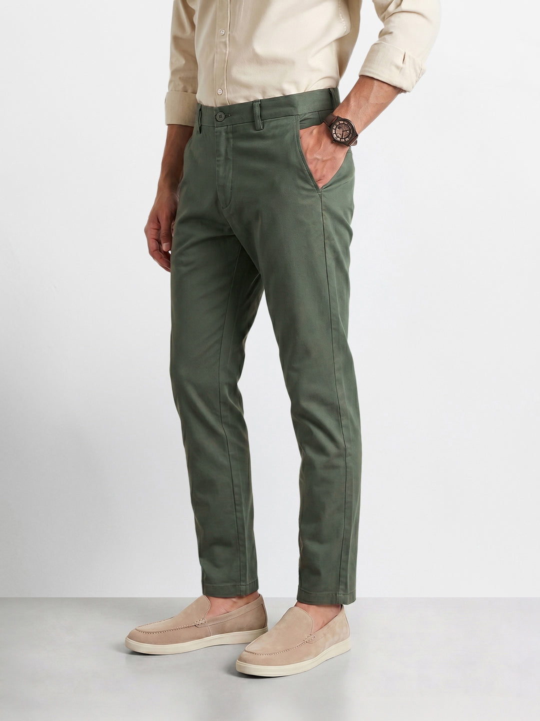 Men's Green Slim Fit Solid Casual Chinos
