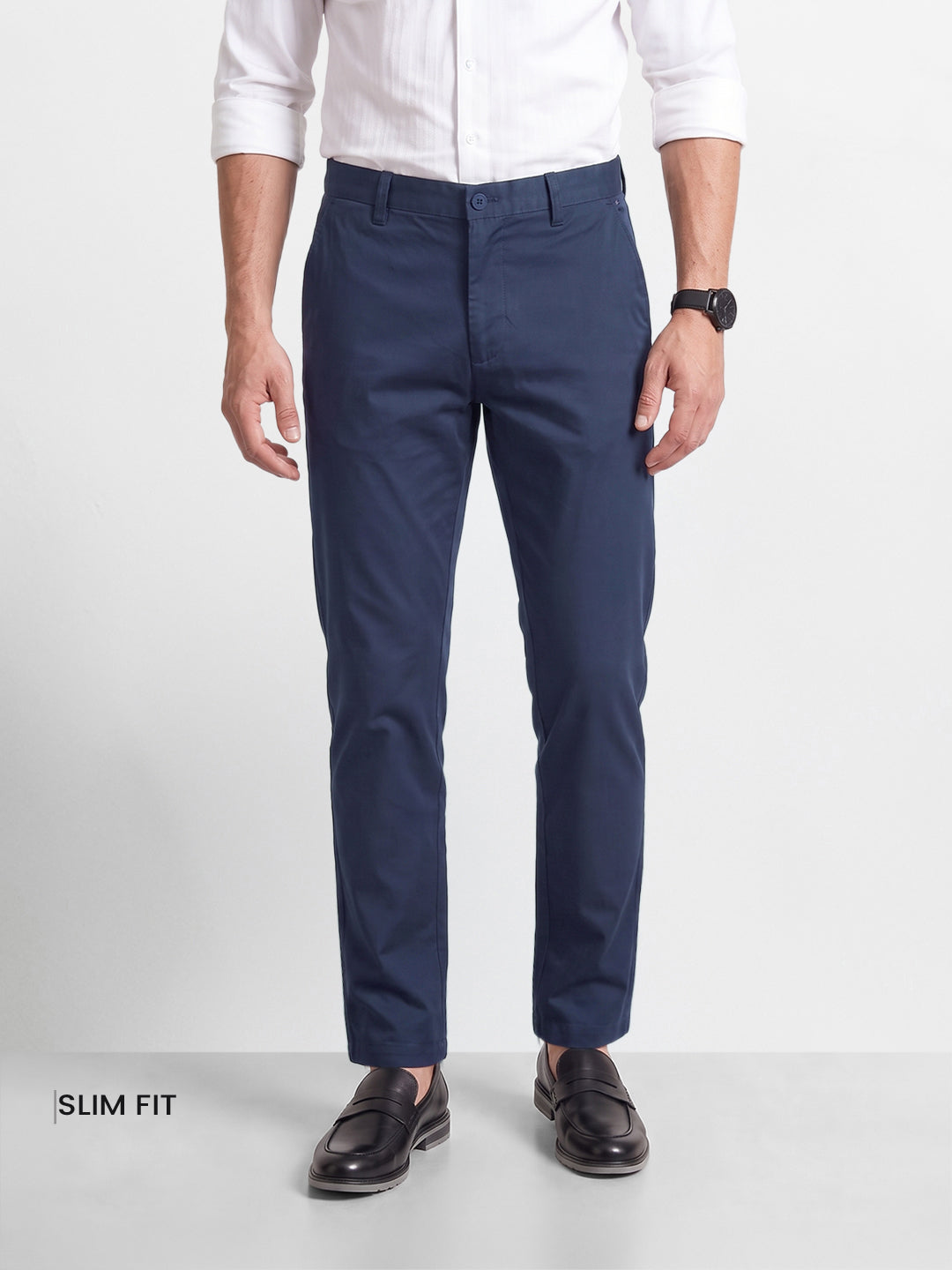 Men's Navy Blue Slim Fit Solid Casual Chinos