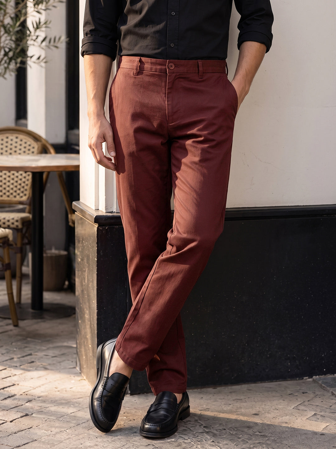 Men's Maroon Slim Fit Solid Casual Chinos