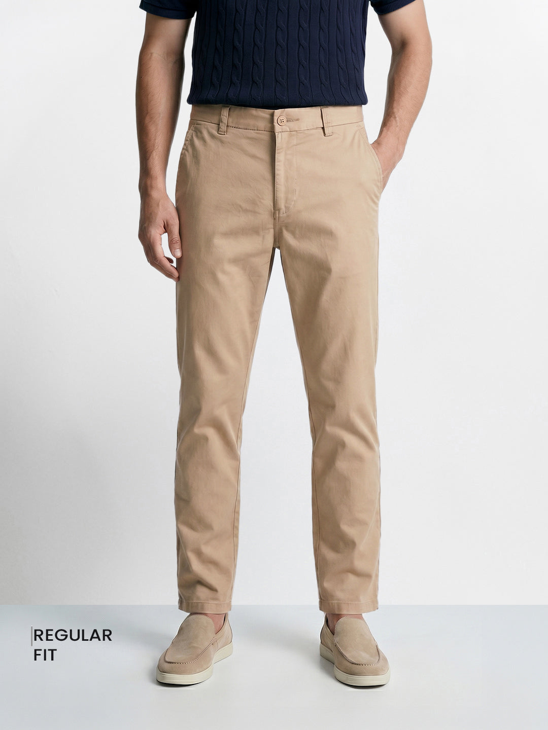Men's Beige Regular Fit Solid Casual Chinos