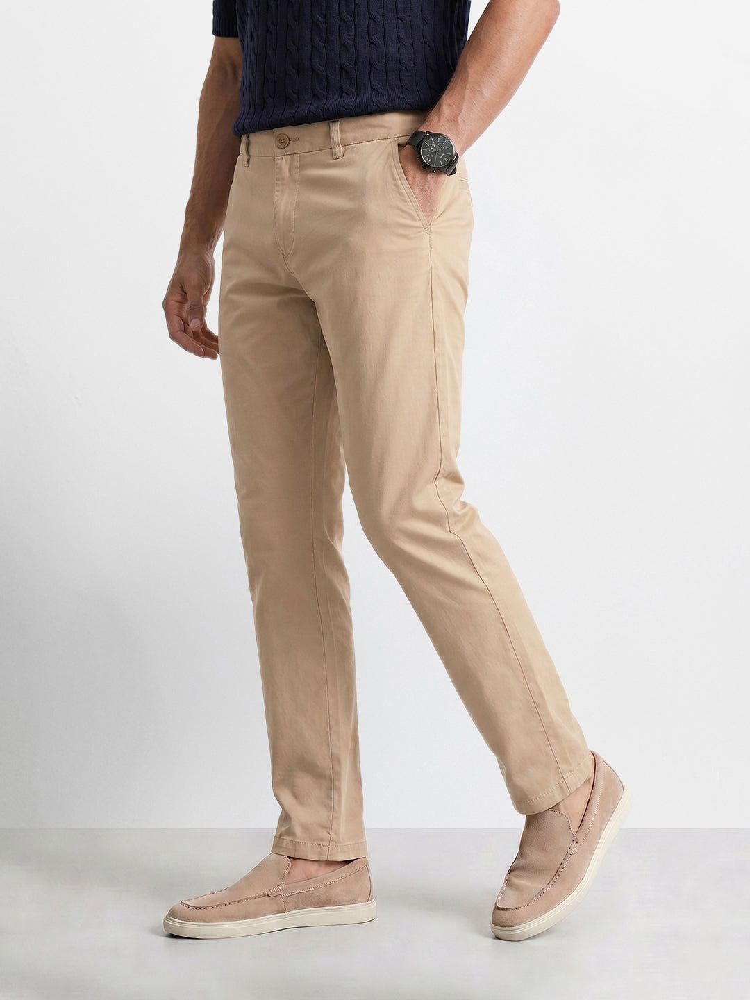 Men's Beige Regular Fit Solid Casual Chinos
