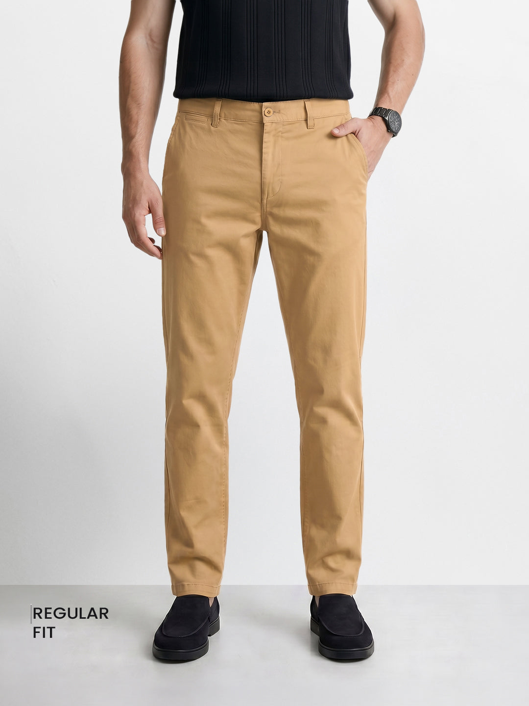 Men's Beige Regular Fit Solid Casual Chinos
