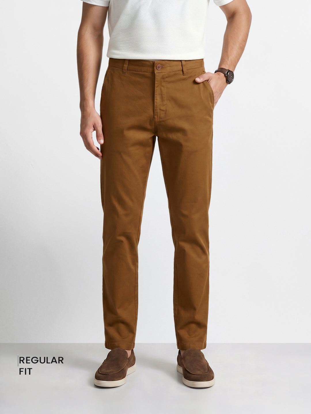 Men's Brown Regular Fit Solid Casual Chinos