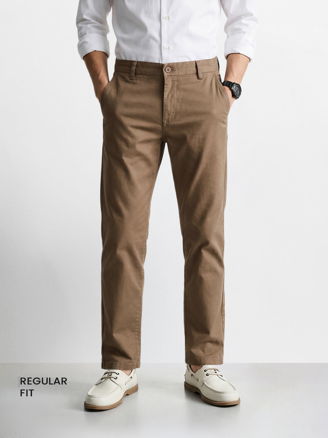 Men's Khaki Regular Fit Solid Casual Chinos