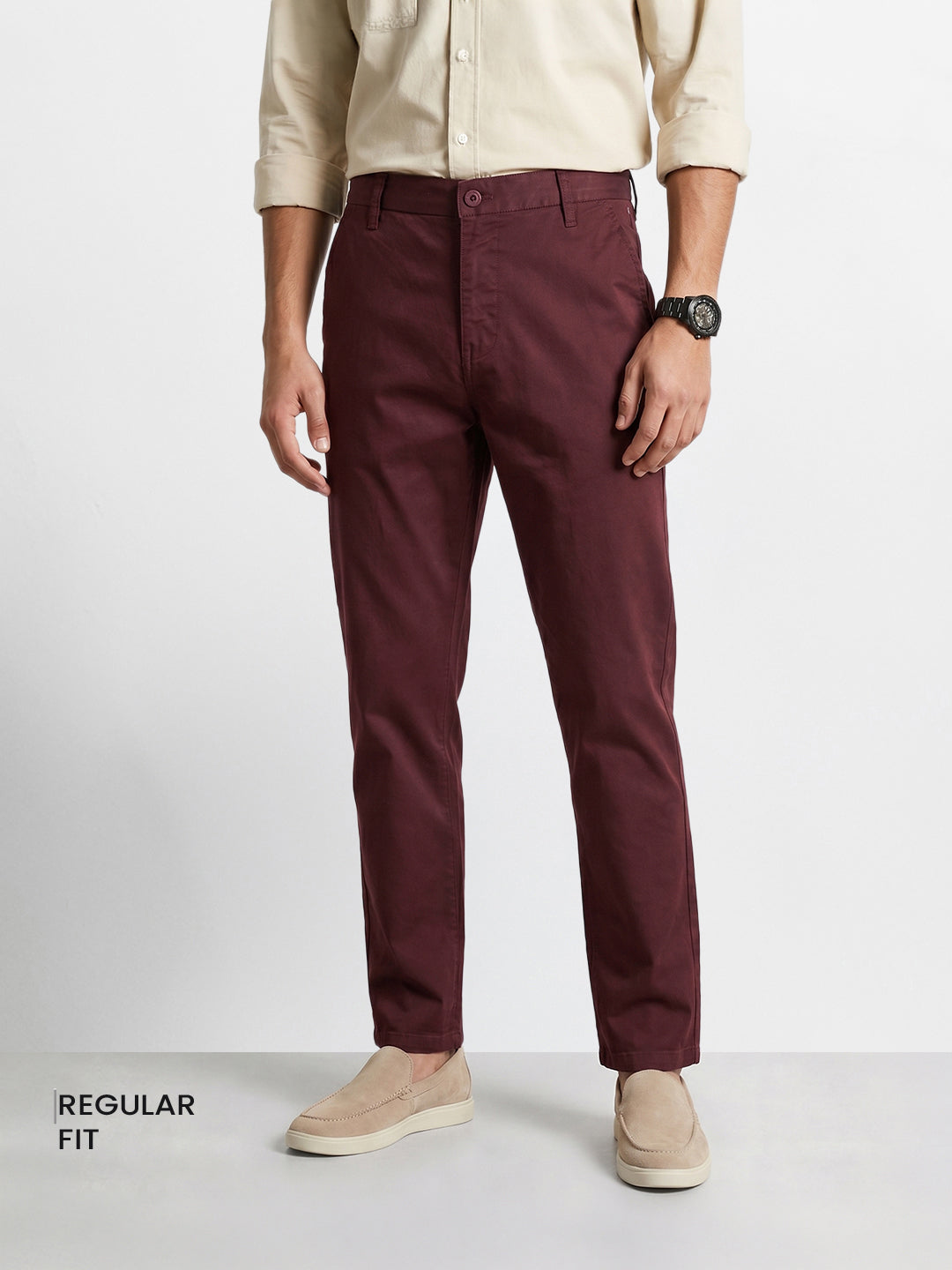 Men's Maroon Regular Fit Solid Casual Chinos