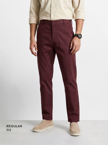 Men's Maroon Regular Fit Solid Casual Chinos