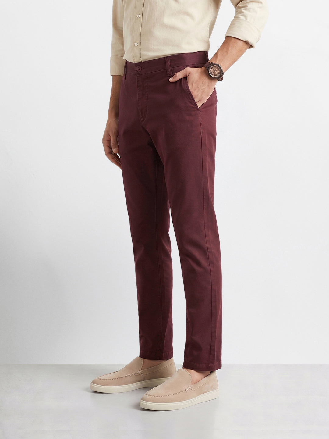 Men's Maroon Regular Fit Solid Casual Chinos