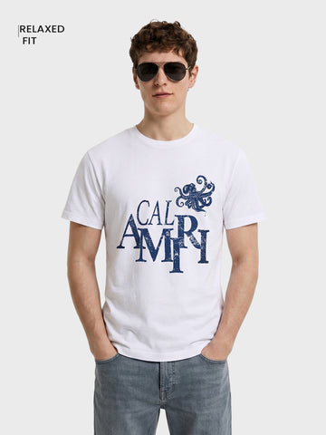 Men's White Relaxed Fit Graphic Printed Casual T-Shirts
