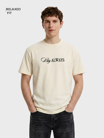 Men's Cream Relaxed Fit Graphic Printed Casual T-Shirt