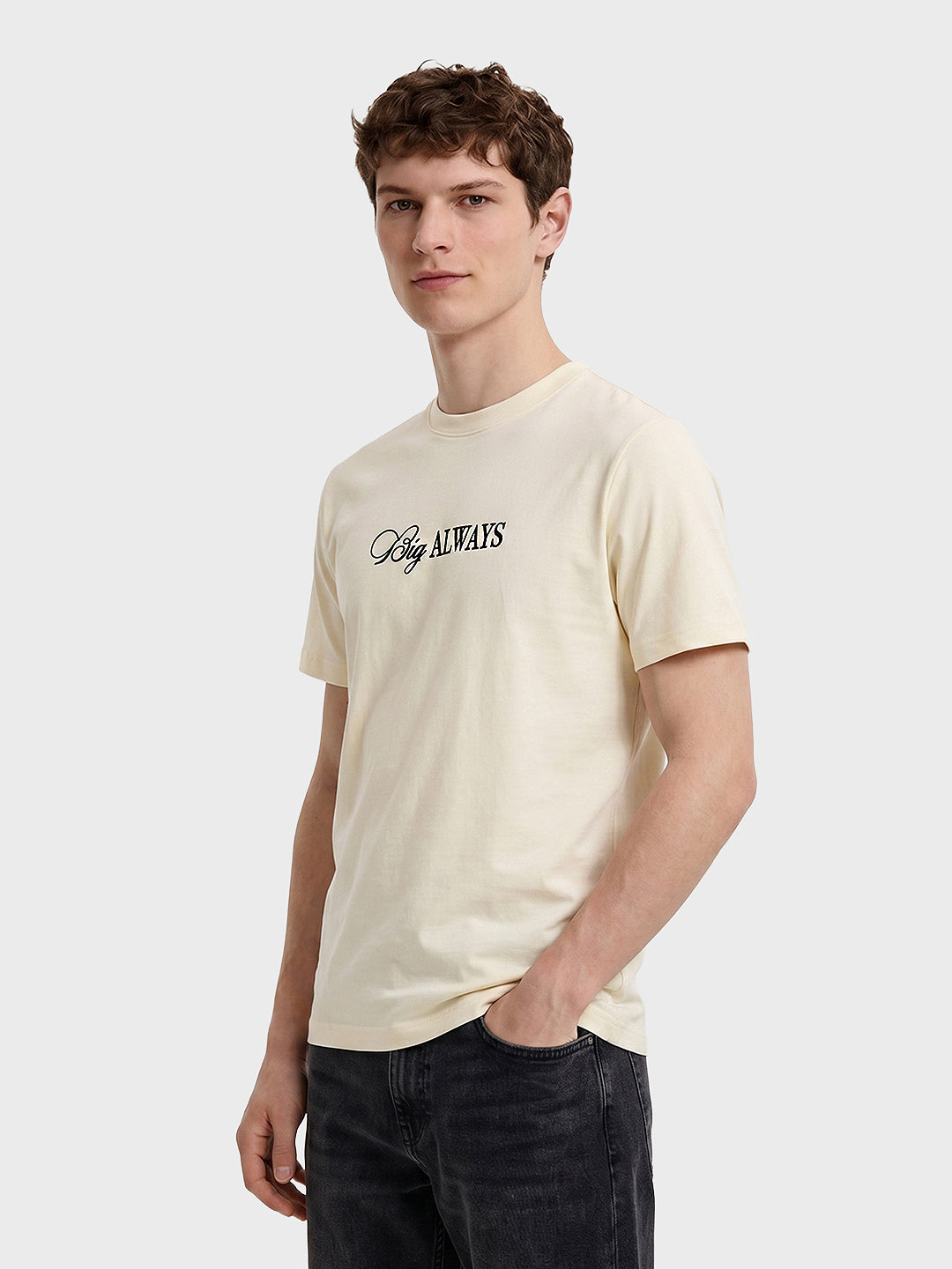 Men's Cream Relaxed Fit Graphic Printed Casual T-Shirt