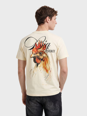 Men's Cream Relaxed Fit Graphic Printed Casual T-Shirt