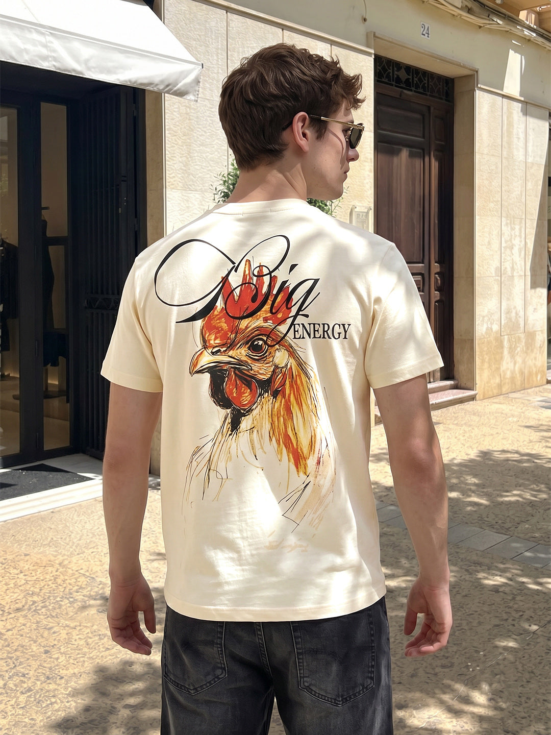 Men's Cream Relaxed Fit Graphic Printed Casual T-Shirt