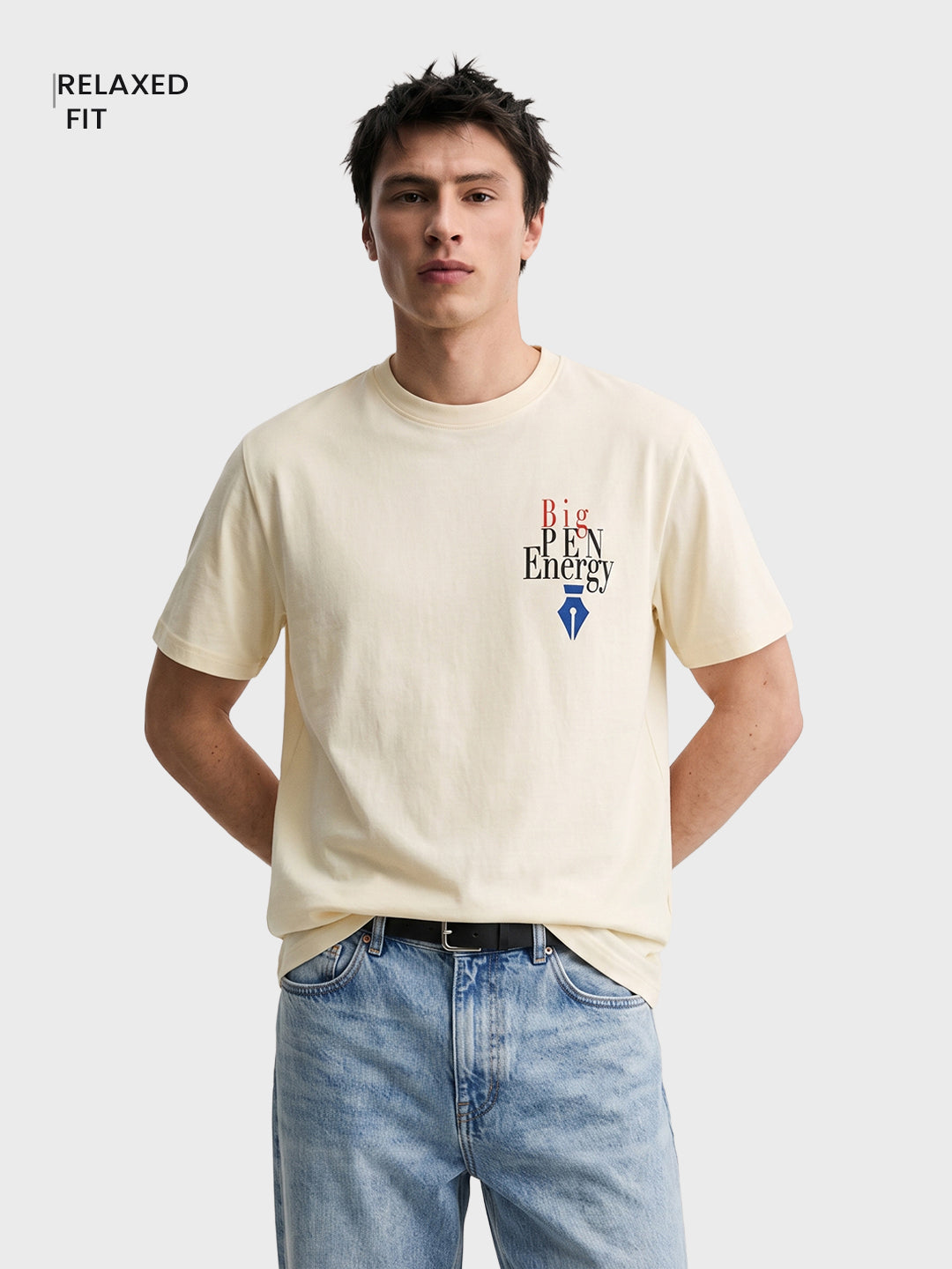 Men's Cream Relaxed Fit Graphic Printed Casual T-Shirt