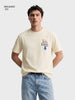 Men's Cream Relaxed Fit Graphic Printed Casual T-Shirt
