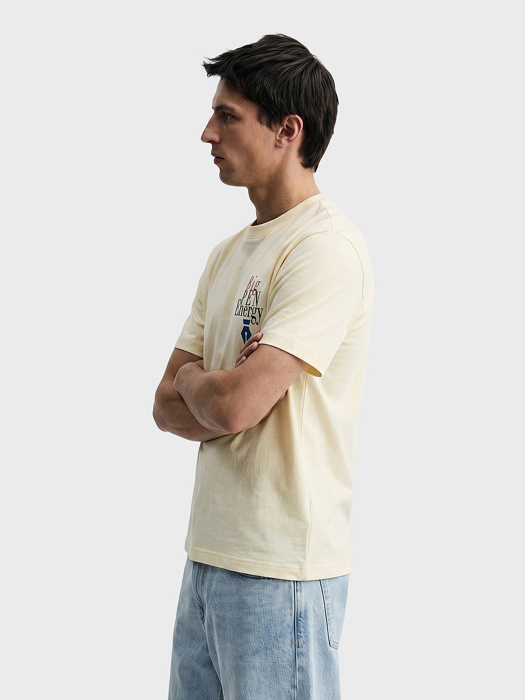Men's Cream Relaxed Fit Graphic Printed Casual T-Shirt