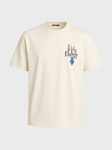 Men's Cream Relaxed Fit Graphic Printed Casual T-Shirt