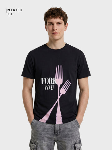 Men's Black Relaxed Fit Graphic Printed Casual T-Shirts