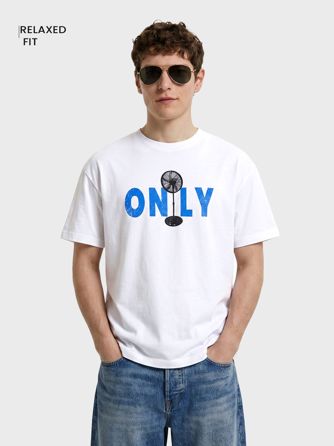 Men's White Relaxed Fit Graphic Printed Casual T-Shirt