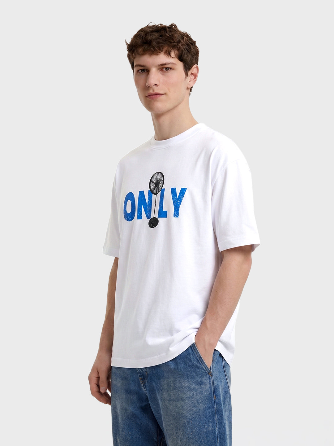 Men's White Relaxed Fit Graphic Printed Casual T-Shirt