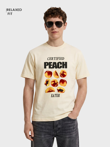 Men's Cream Relaxed Fit Graphic Printed Casual T-Shirt