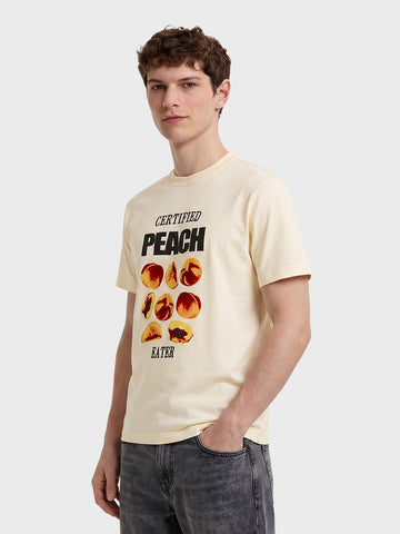 Men's Cream Relaxed Fit Graphic Printed Casual T-Shirt