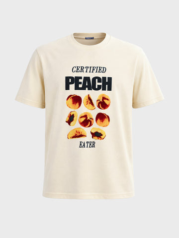Men's Cream Relaxed Fit Graphic Printed Casual T-Shirt
