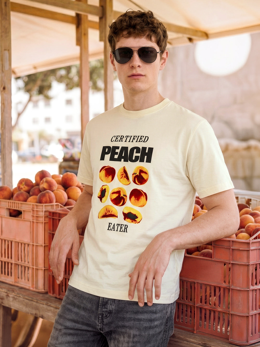 Men's Cream Relaxed Fit Graphic Printed Casual T-Shirt