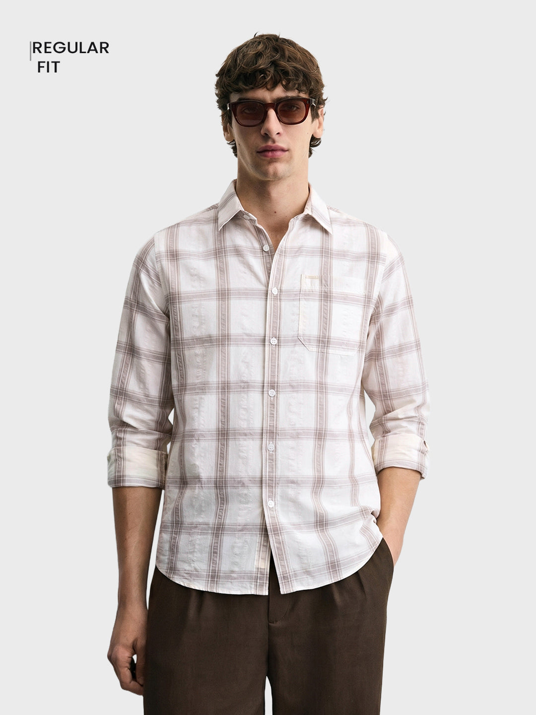 Men's Khaki Regular Fit Checkered Casual Shirt