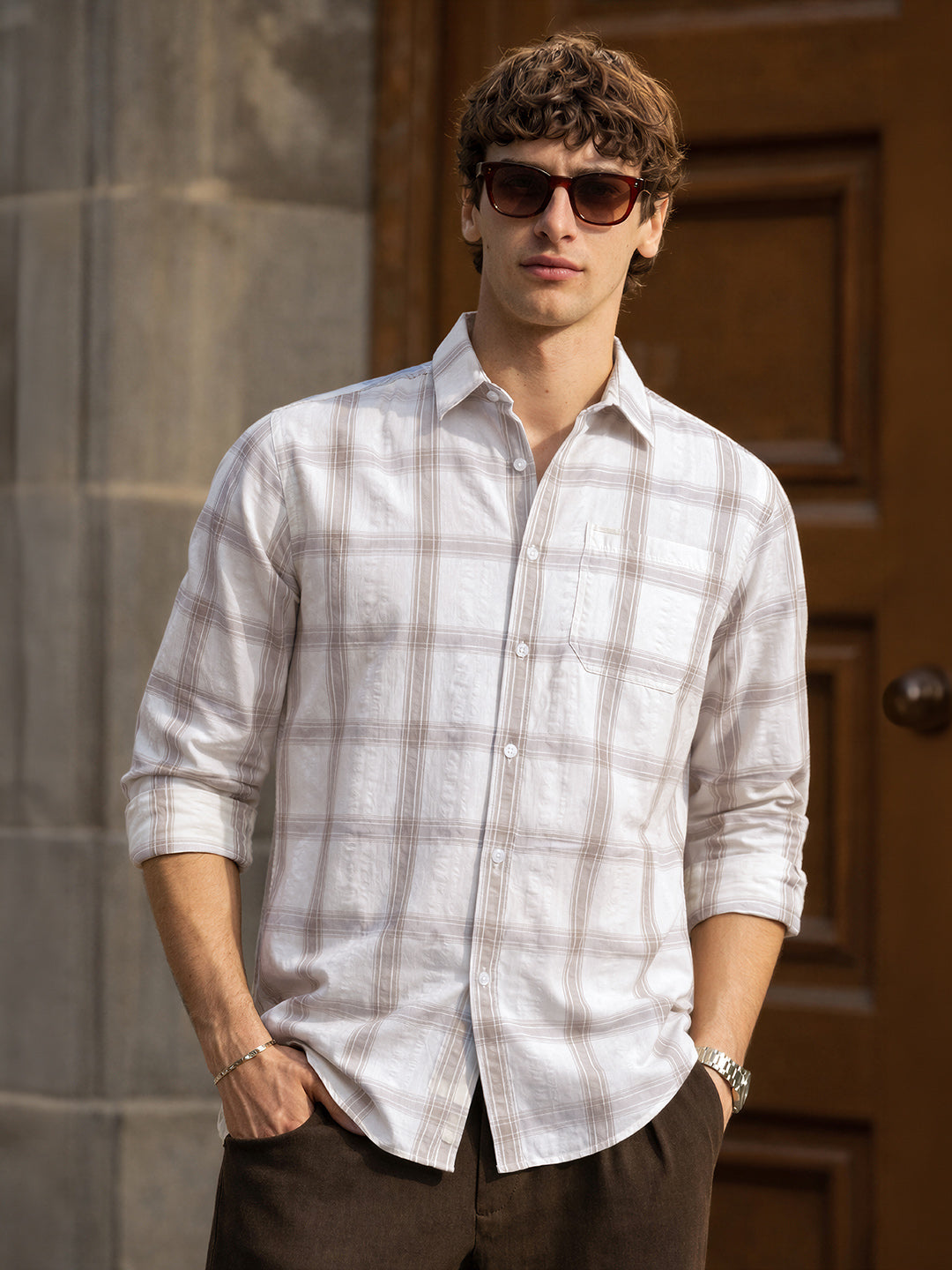 Men's Khaki Regular Fit Checkered Casual Shirt
