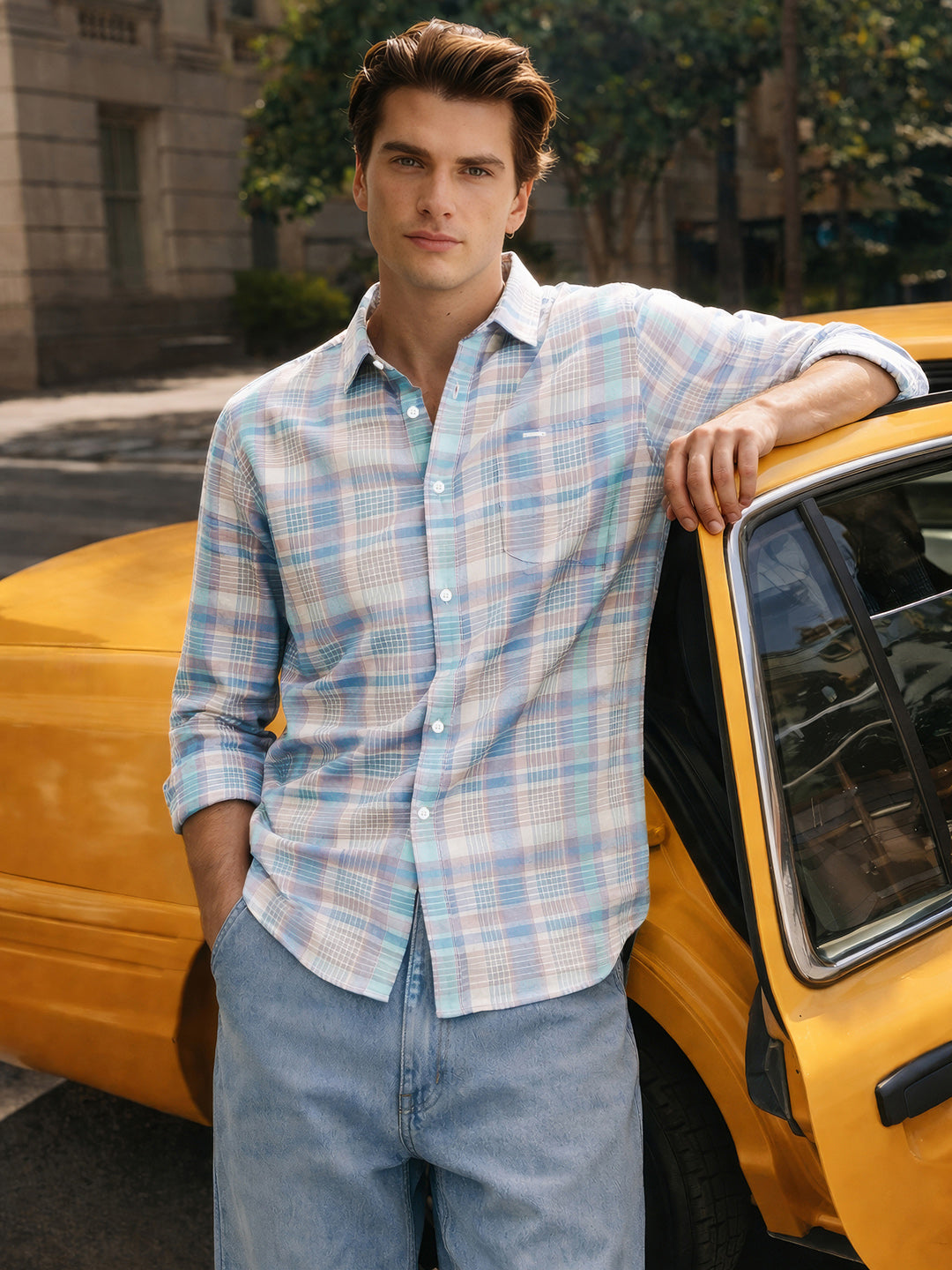 Men's Rust Slim Fit Checkered Casual Shirt