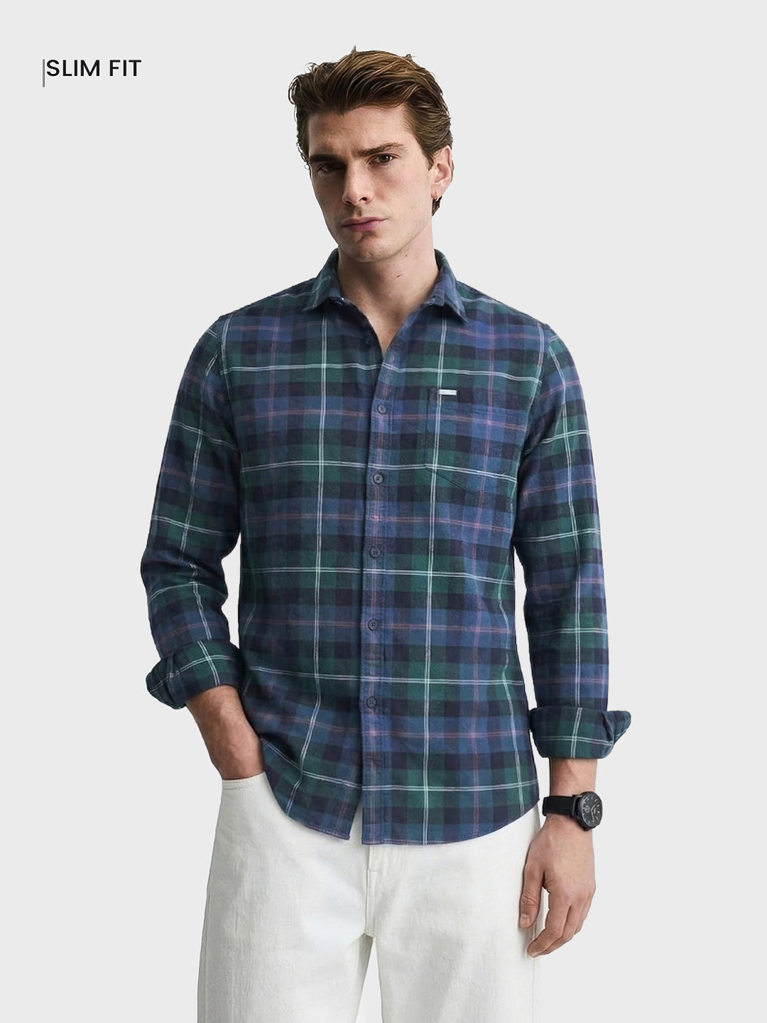 Men's Teal Slim Fit Checkered Casual Shirt