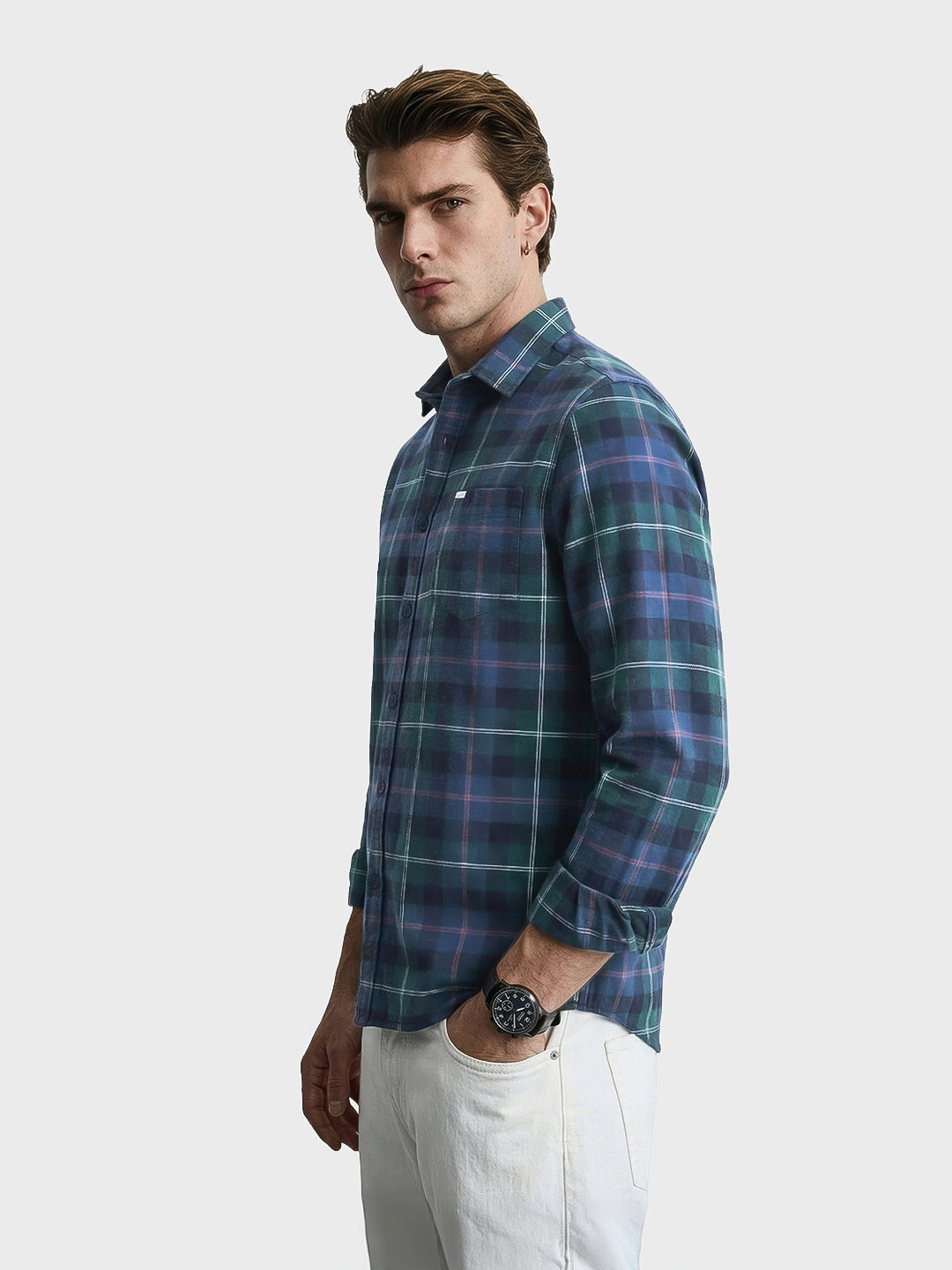 Men's Teal Slim Fit Checkered Casual Shirt