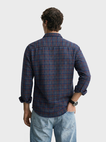 Men's Navy Blue Slim Fit Checkered Casual Shirt