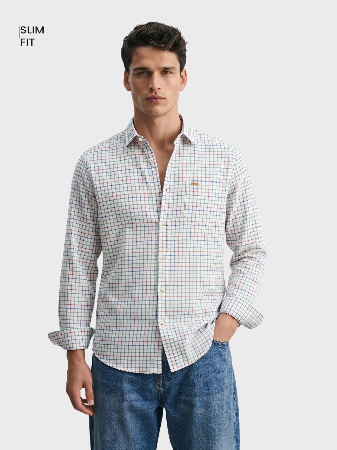 Men's Cream Slim Fit Checkered Casual Shirt