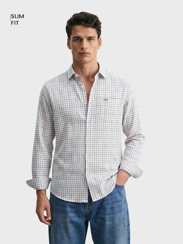 Men's Cream Slim Fit Checkered Casual Shirt