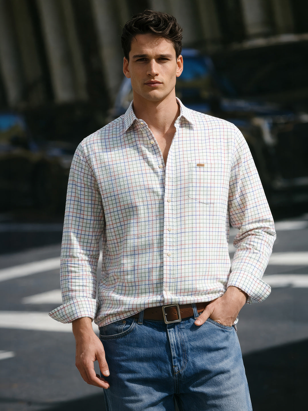 Men's Cream Slim Fit Checkered Casual Shirt