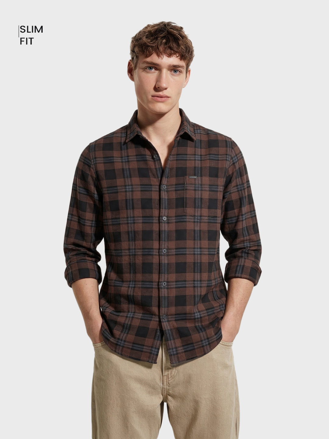 Men's Khaki Slim Fit Checkered Casual Shirt