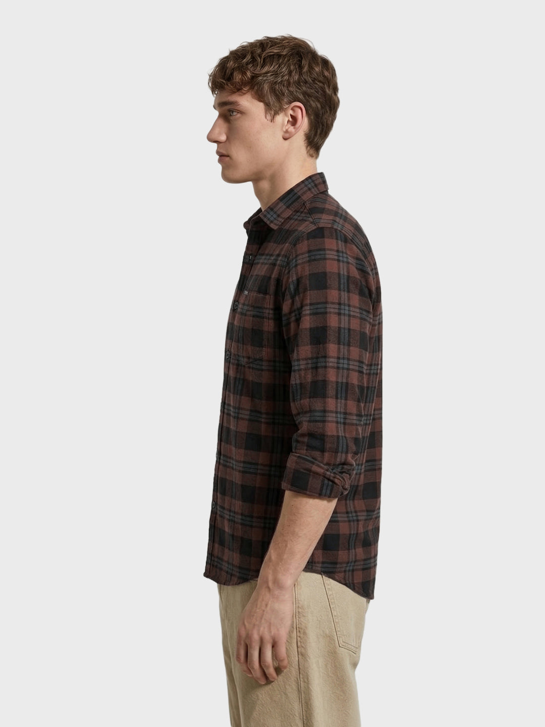 Men's Khaki Slim Fit Checkered Casual Shirt