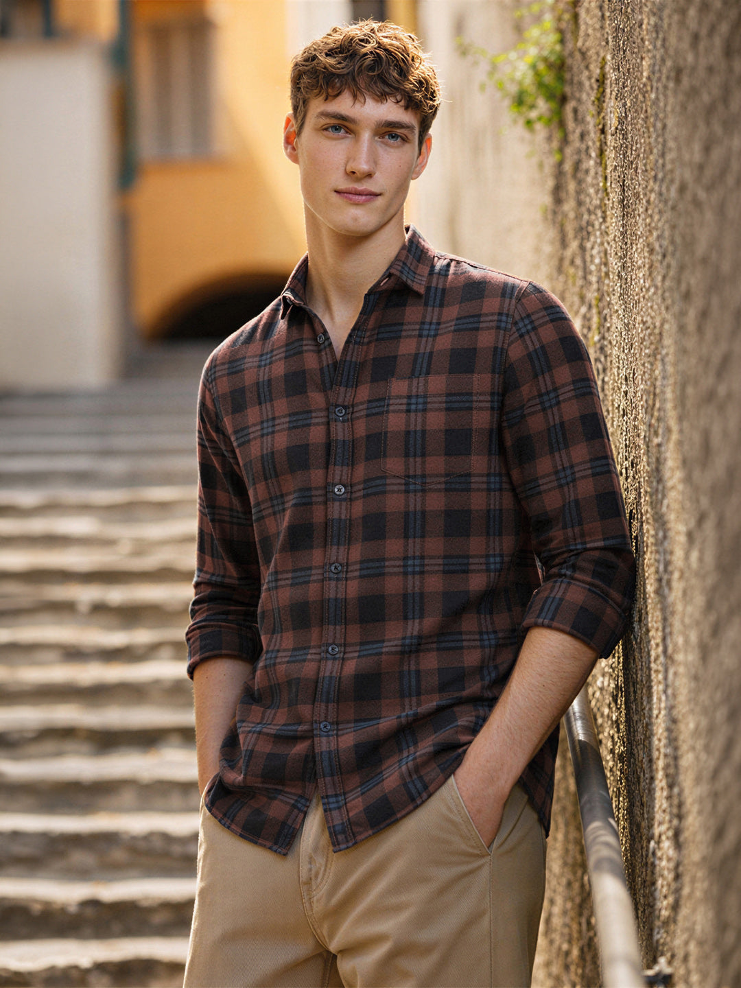 Men's Khaki Slim Fit Checkered Casual Shirt