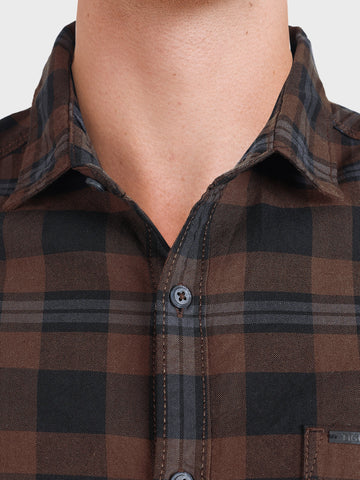 Men's Khaki Slim Fit Checkered Casual Shirt