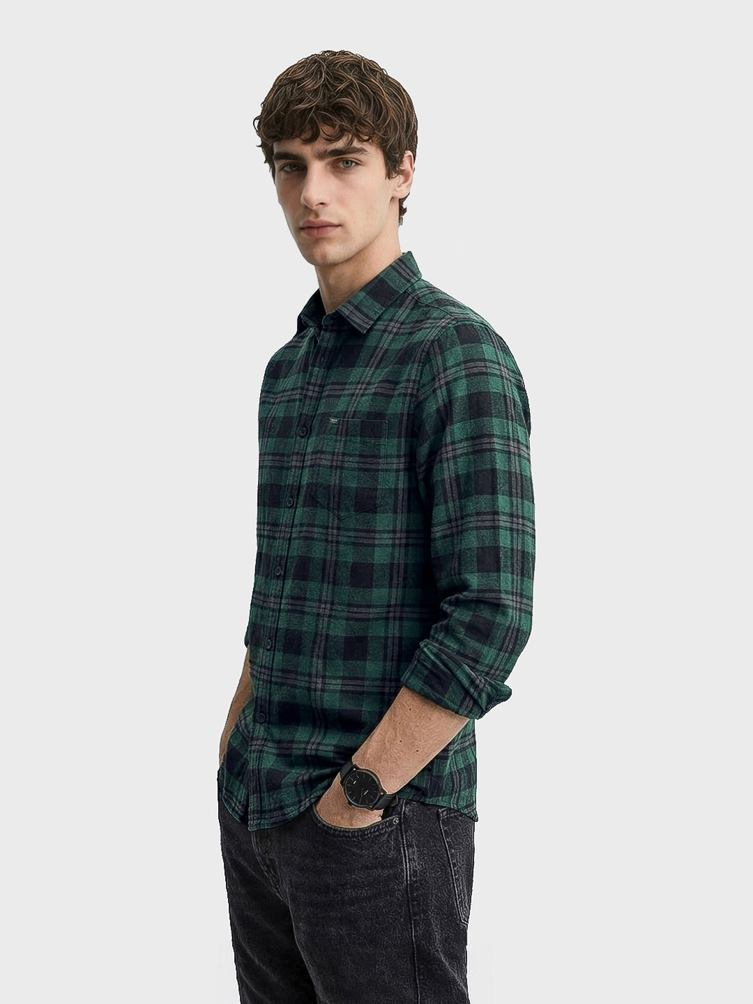 Men's Green Slim Fit Checkered Casual Shirt