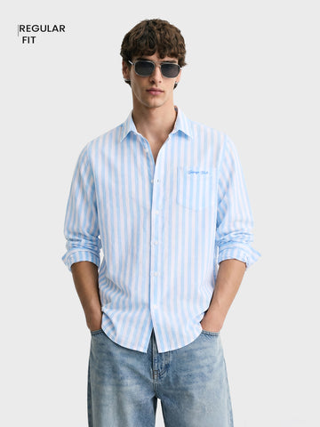 Men's Blue Regular Fit Embroidered Casual Shirt