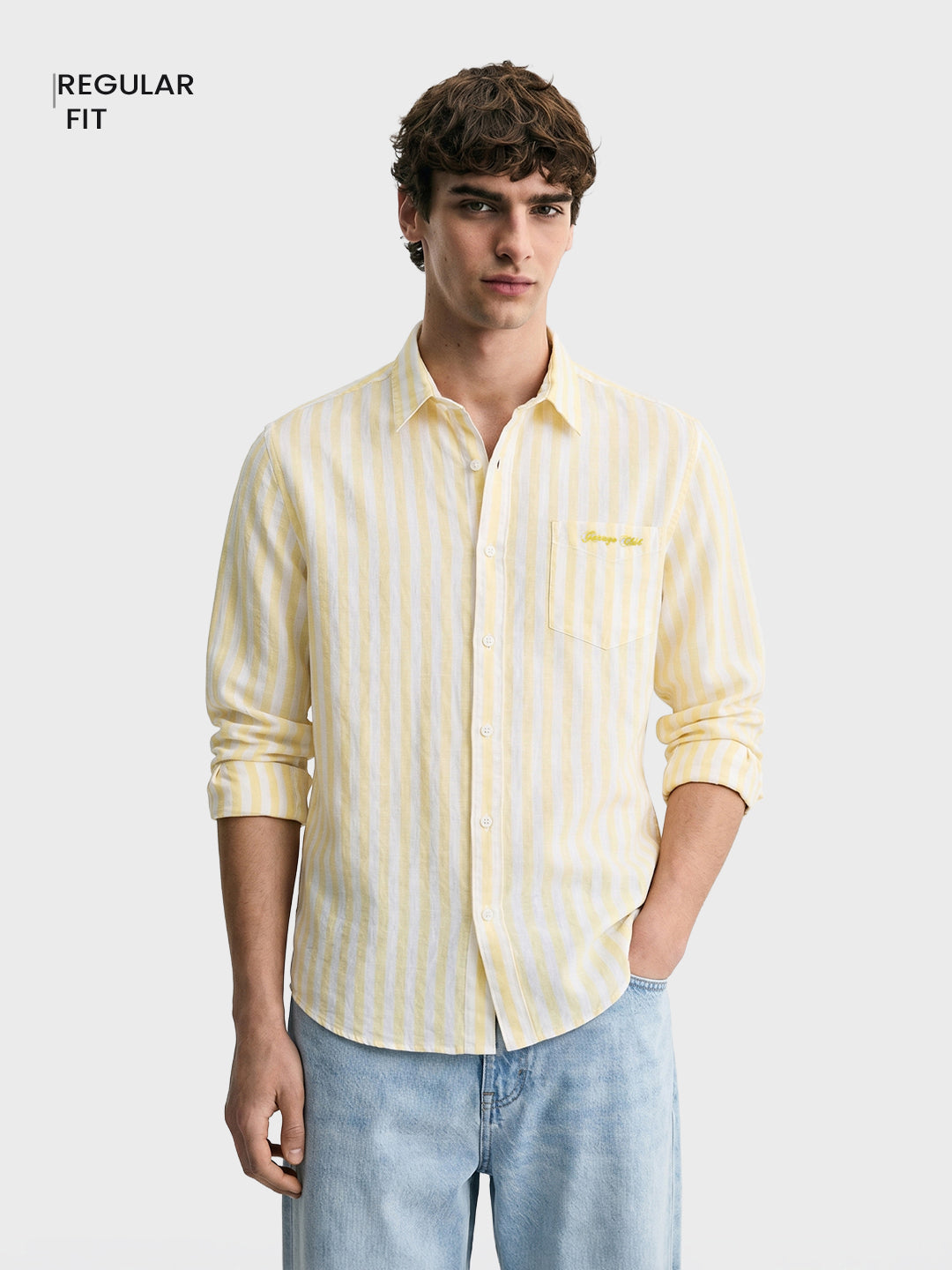 Men's Yellow Regular Fit Embroidered Casual Shirt