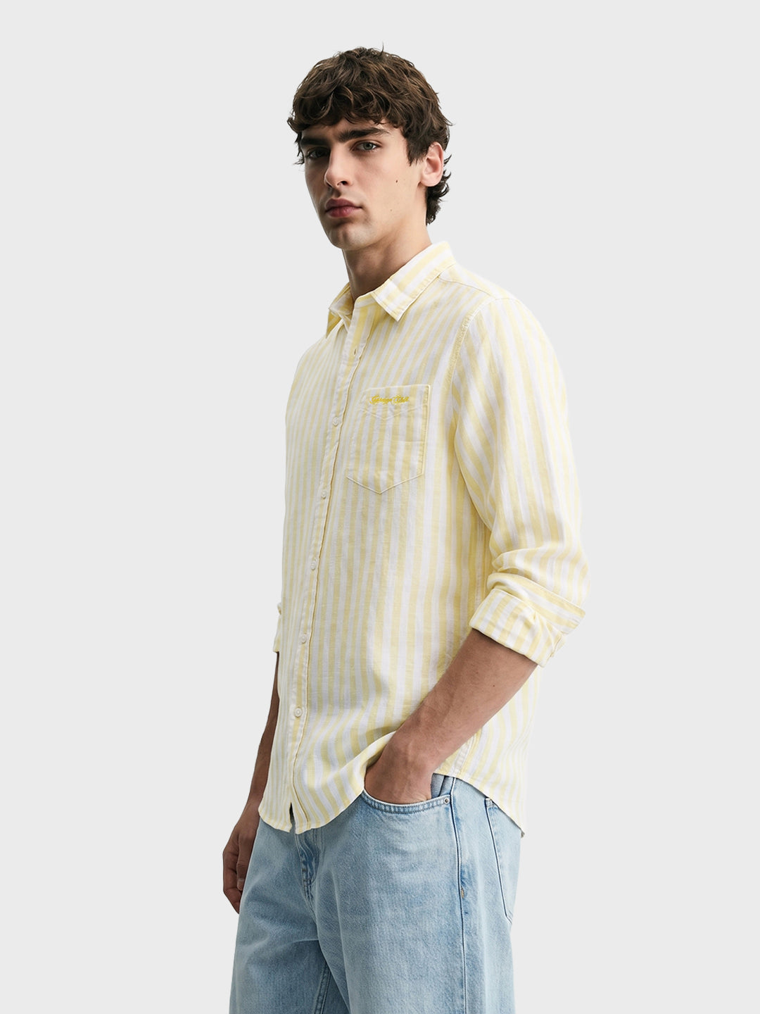 Men's Yellow Regular Fit Embroidered Casual Shirt