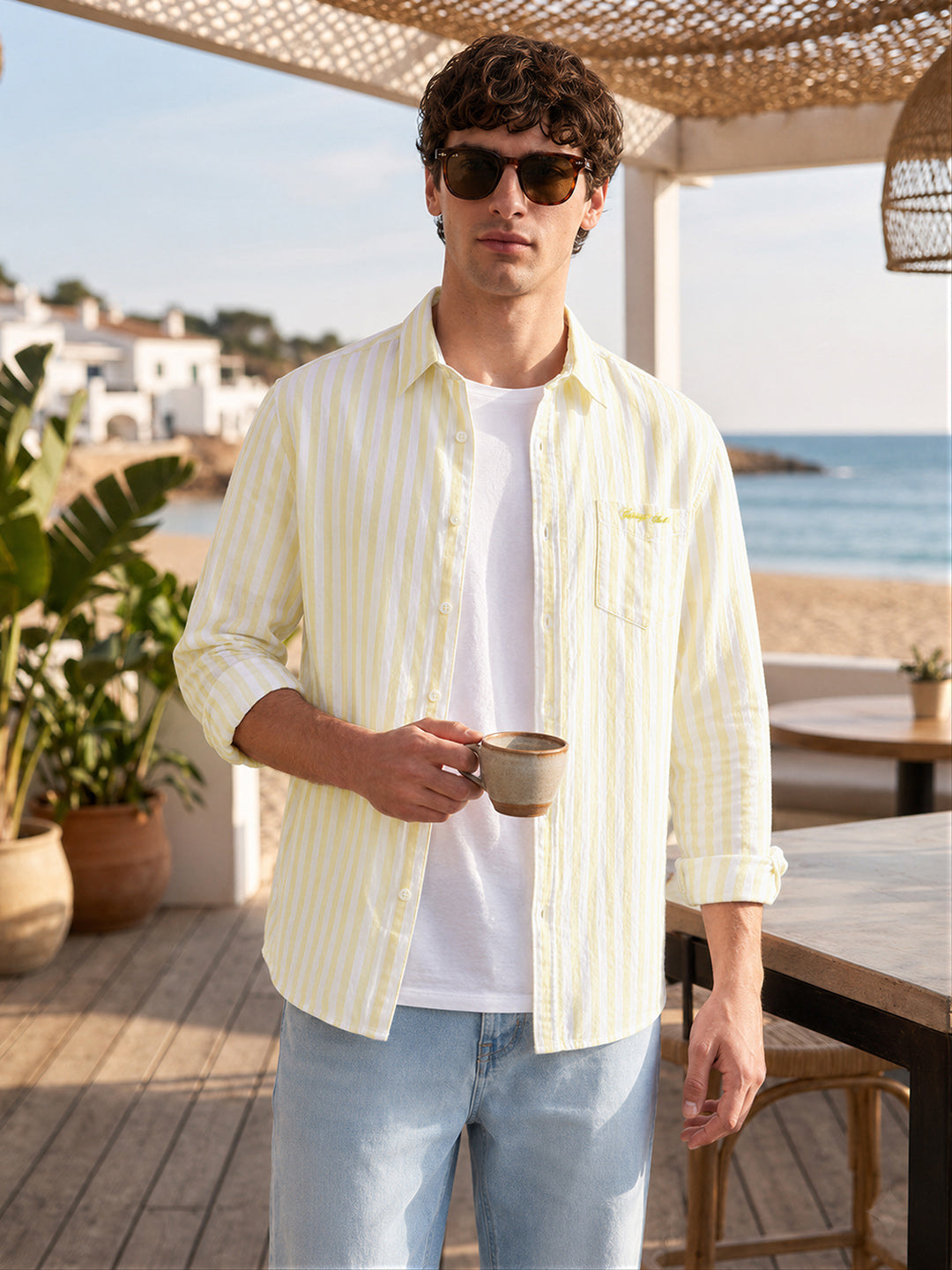 Men's Yellow Regular Fit Embroidered Casual Shirt