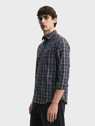 Men's Navy Blue Slim Fit Checkered Casual Shirts