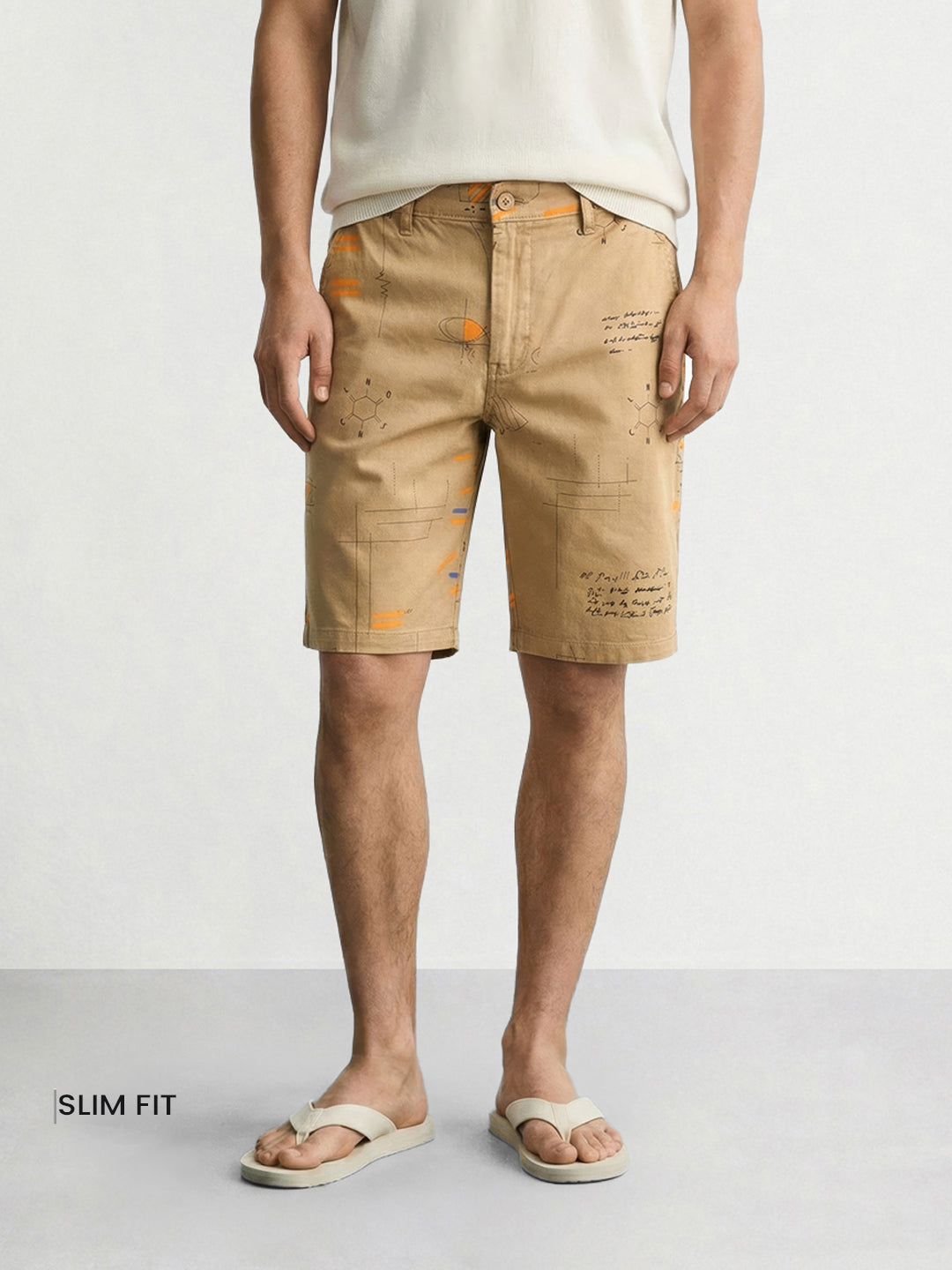 Men's Beige Slim Fit Printed Casual Shorts