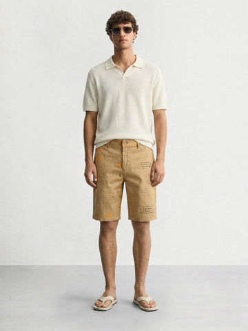 Men's Beige Slim Fit Printed Casual Shorts