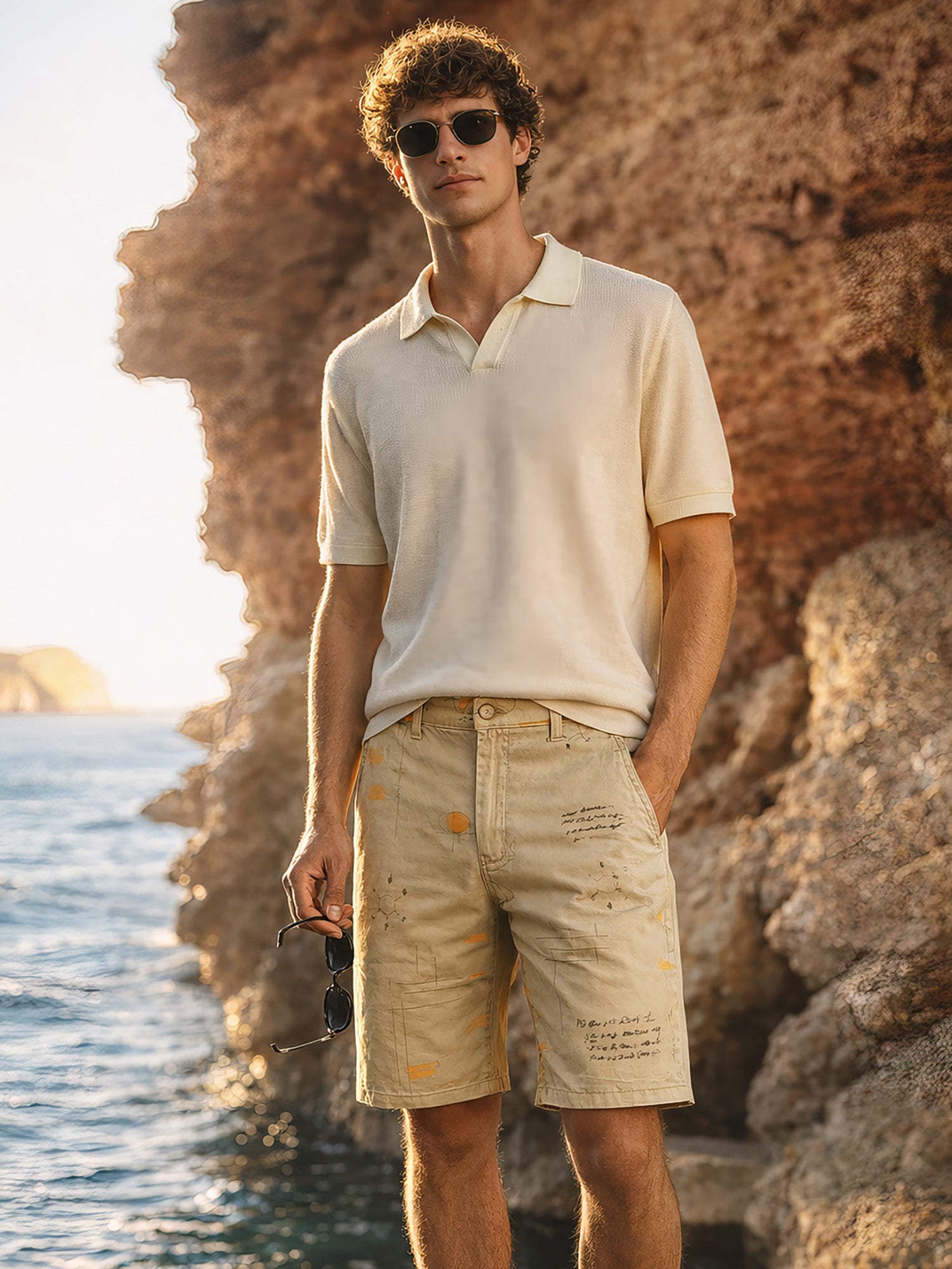 Men's Beige Slim Fit Printed Casual Shorts