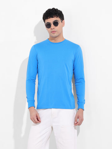 Men's Blue Slim Fit Solid Round Neck T-shirt